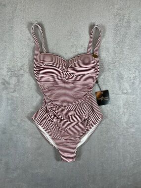 Nip Tuck NWT Striped Burgundy and White One-Piece Swimsuit with Ruched Front